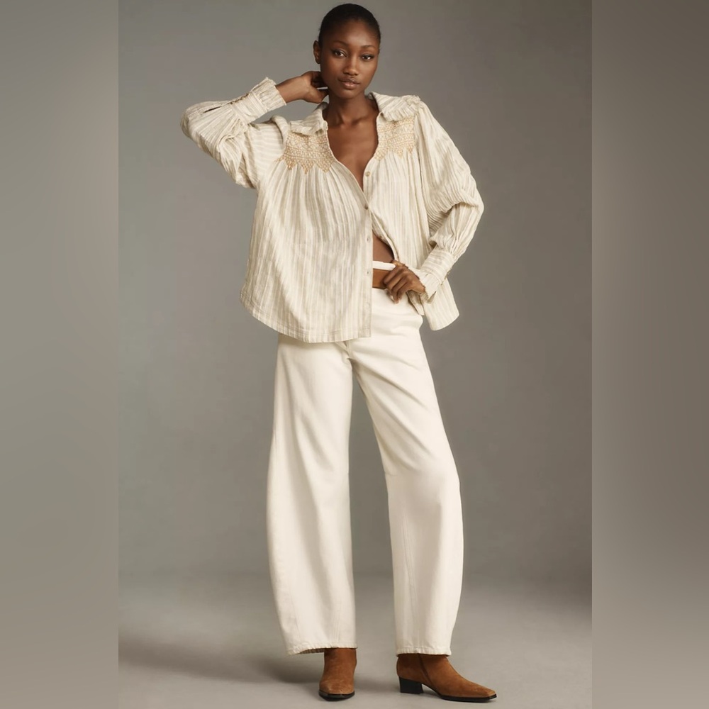 Pilcro Cream Striped Button-Up Blouse with Beige Embroidery - Picture 4 of 12